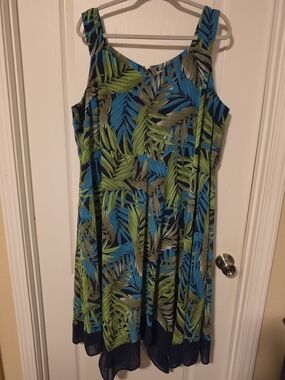 Catherines Blue & Green Tropical Leaf Midi Dress